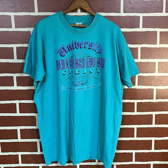 Vintage 1980s University Of Jesus Christ T Shirt Single Stitch Teal Blue Size XL - Picture 1 of 7